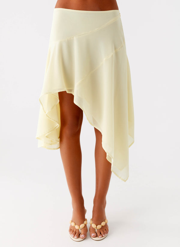 peppermayo Peppermayo Exclusive - Kia Low Rise Asymmetrical Midi Skirt - Yellow