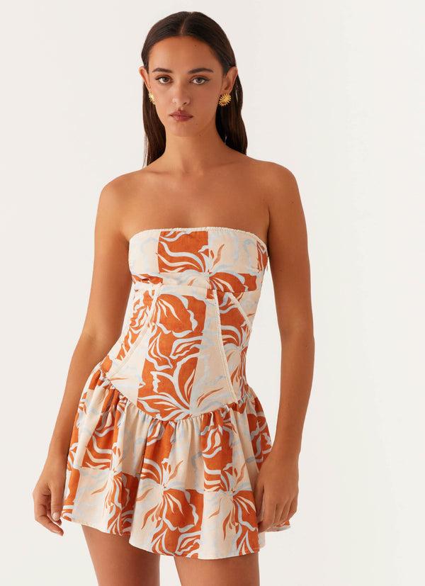 peppermayo Peppermayo Exclusive - Larnie Linen Mini Dress - Orange Blue Floral