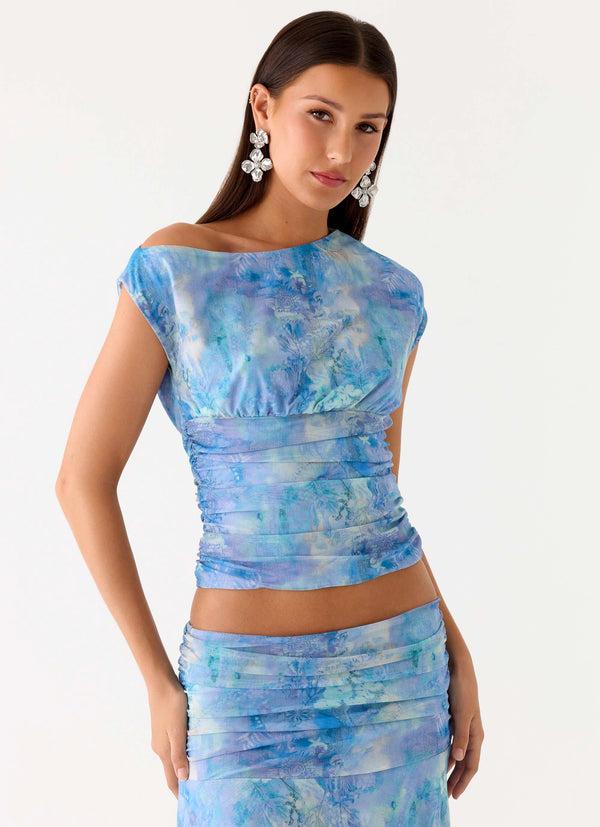 peppermayo Peppermayo Exclusive - Liana Asymmetrical Top - Aqua Paisley