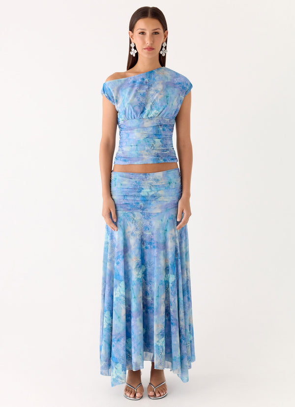 peppermayo Peppermayo Exclusive - Liana Ruched Maxi Skirt - Aqua Paisley