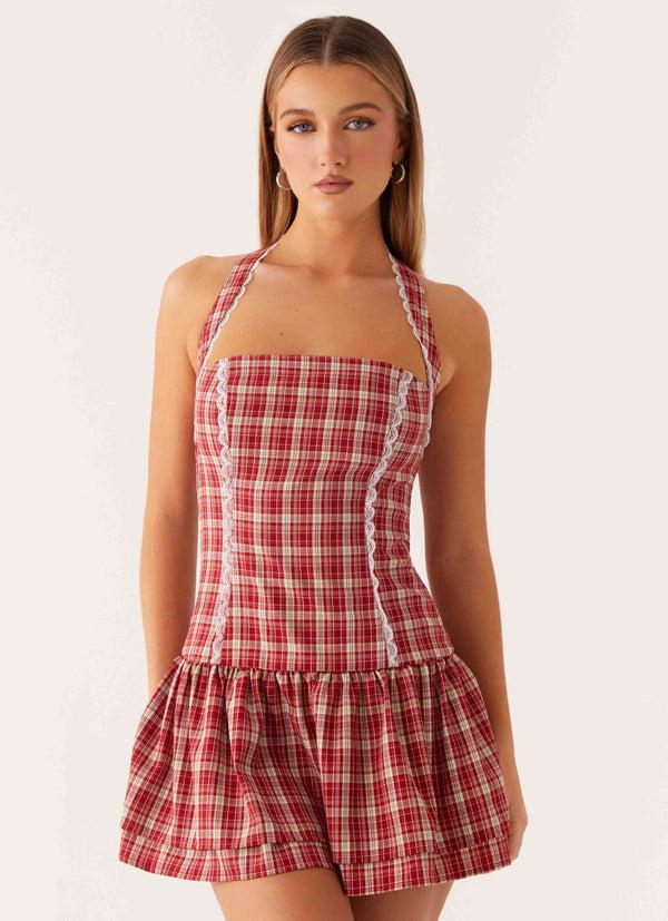 peppermayo Peppermayo Exclusive - Lotus Dream Mini Dress - Ruby Check