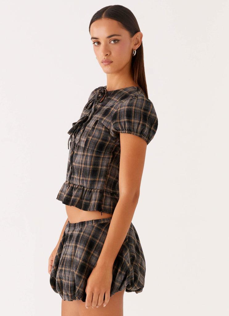 Peppermayo Peppermayo Exclusive - Lucia Puff Sleeve Top - Brown Check