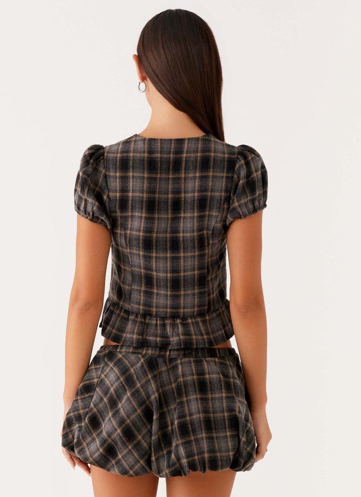 Peppermayo Peppermayo Exclusive - Lucia Puff Sleeve Top - Brown Check