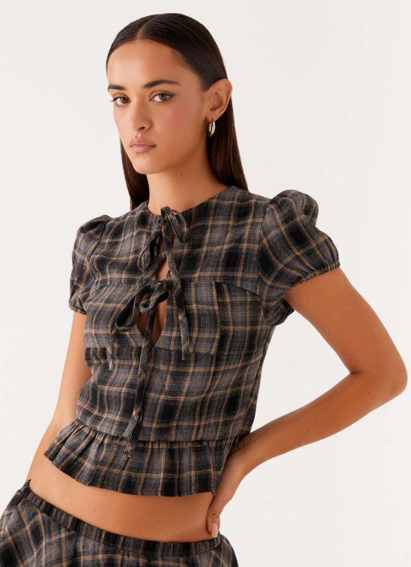 peppermayo Peppermayo Exclusive - Lucia Puff Sleeve Top - Brown Check