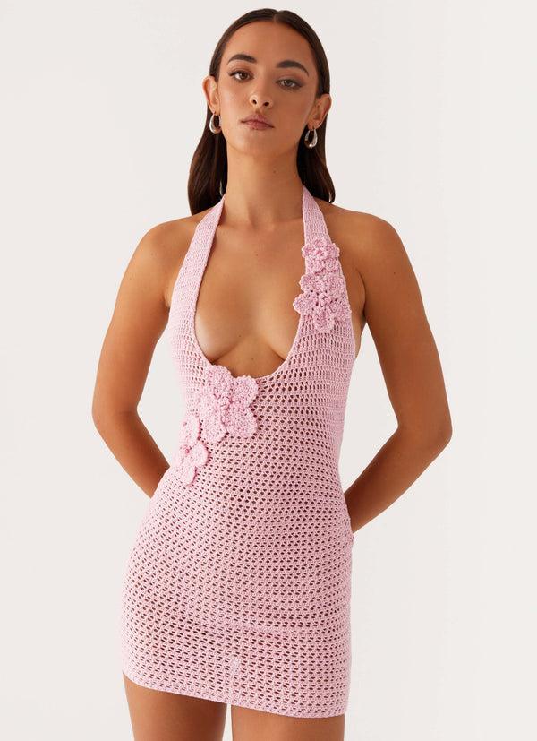 peppermayo Peppermayo Exclusive - Luciana Crochet Halterneck Mini Dress - Pink