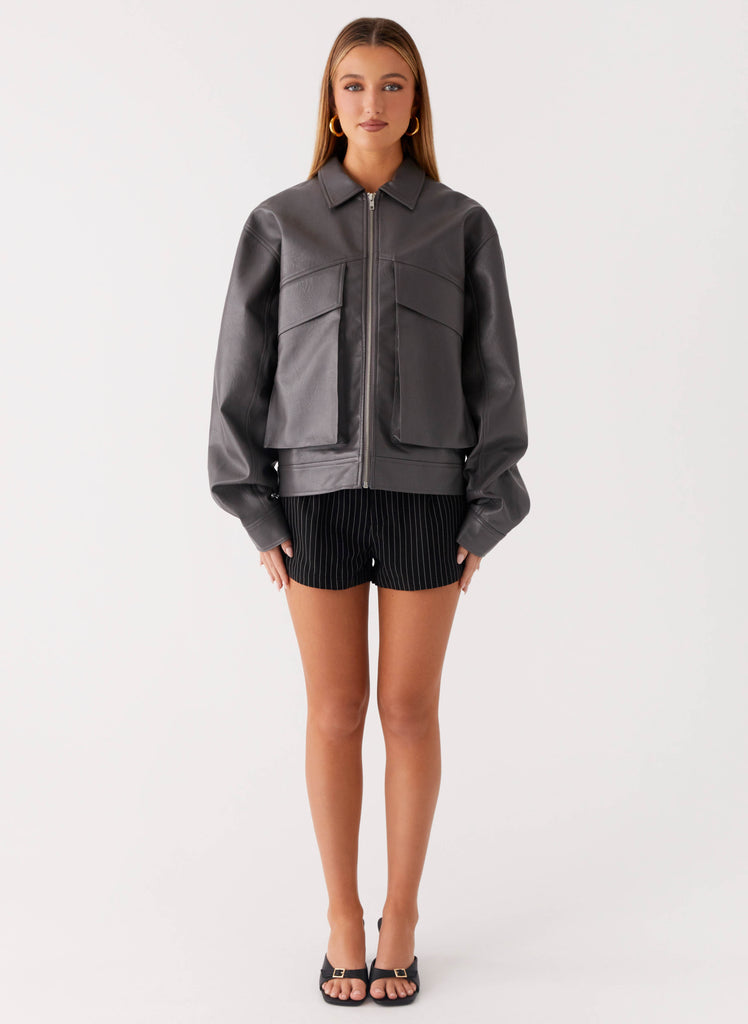 Peppermayo Peppermayo Exclusive - Lula Faux Leather Bomber Jacket - Charcoal