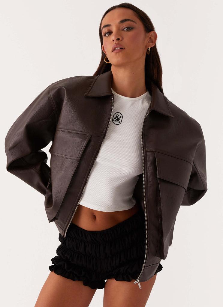 Peppermayo Peppermayo Exclusive - Lula Faux Leather Bomber Jacket - Chocolate