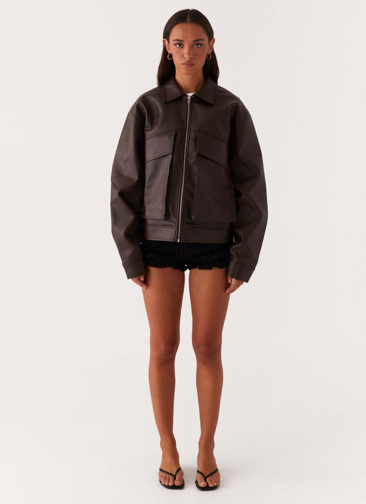 Peppermayo Peppermayo Exclusive - Lula Faux Leather Bomber Jacket - Chocolate