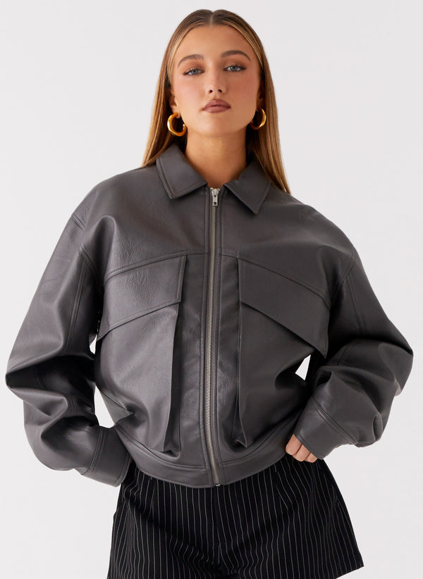 peppermayo Peppermayo Exclusive - Lula Faux Leather Bomber Jacket - Charcoal