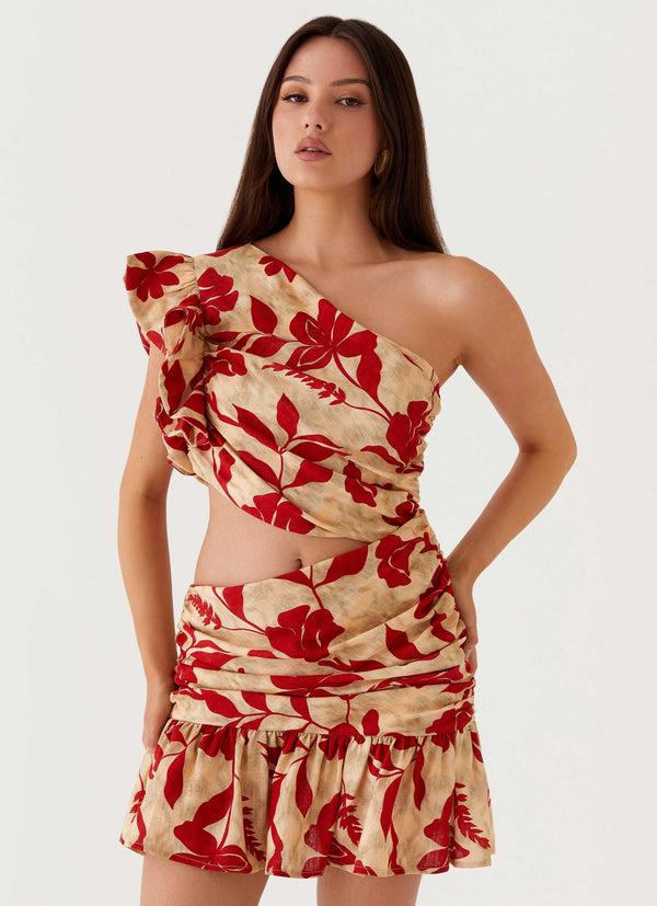 peppermayo Peppermayo Exclusive - Maisie Linen Mini Dress - Red Green Floral
