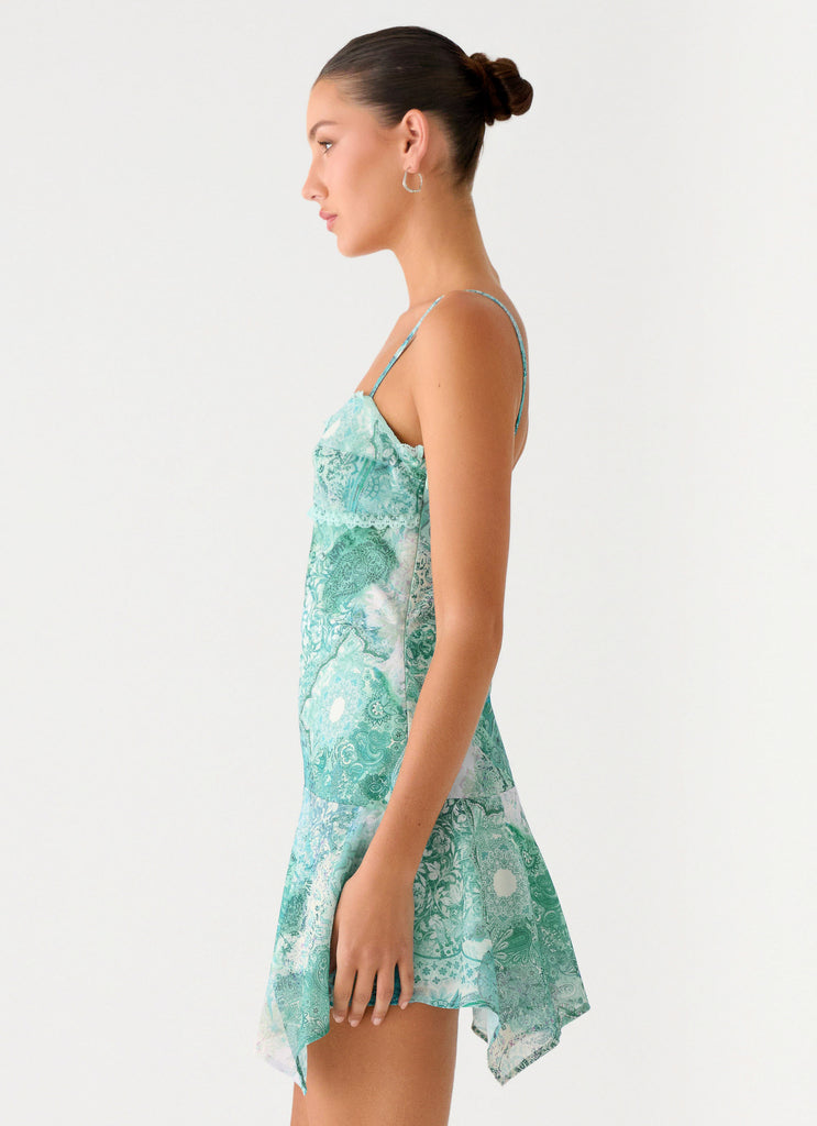 Peppermayo Peppermayo Exclusive - Marine Mist Asymmetric Hem Mini Dress - Green Paisley