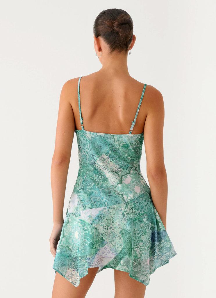 Peppermayo Peppermayo Exclusive - Marine Mist Asymmetric Hem Mini Dress - Green Paisley