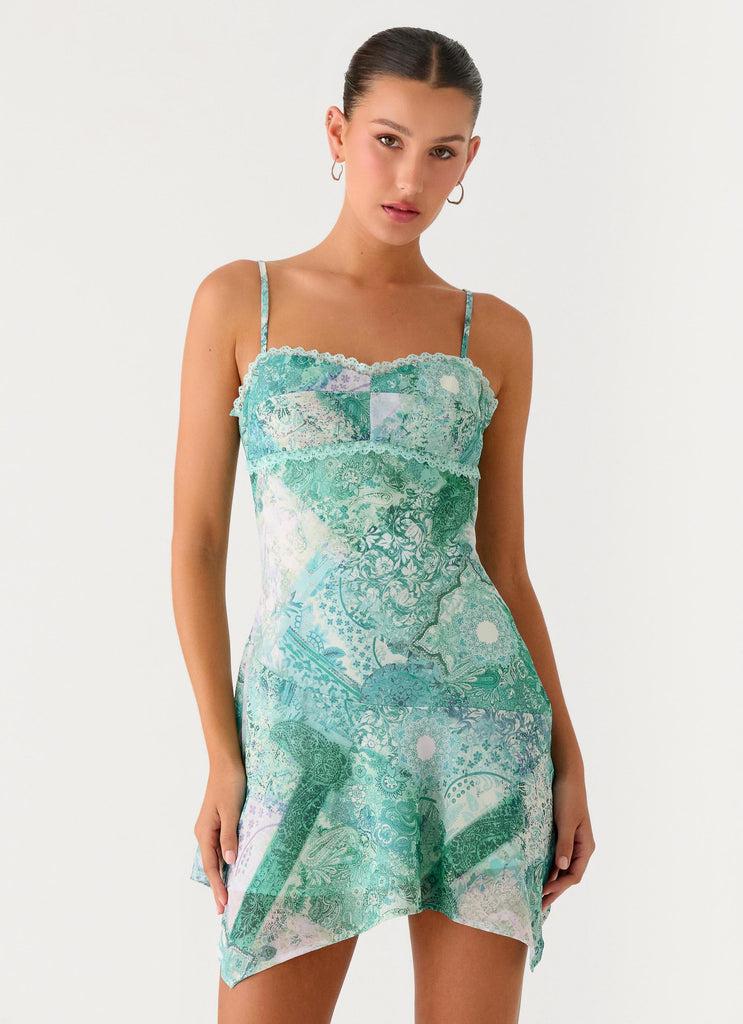 Peppermayo Peppermayo Exclusive - Marine Mist Asymmetric Hem Mini Dress - Green Paisley