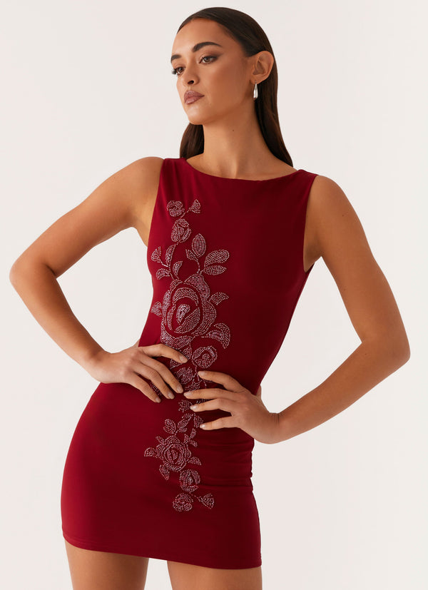 peppermayo Peppermayo Exclusive - Matteo Beaded Mesh Mini Dress - Deep Red