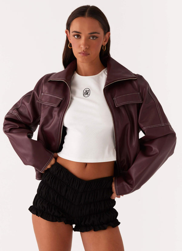 peppermayo Peppermayo Exclusive - Meant To Be PU Boxy Jacket - Wine