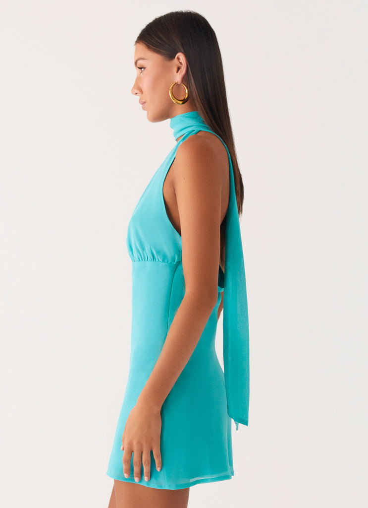 Peppermayo Peppermayo Exclusive - Melisande Scarf Neck Mini Dress - Aqua Blue