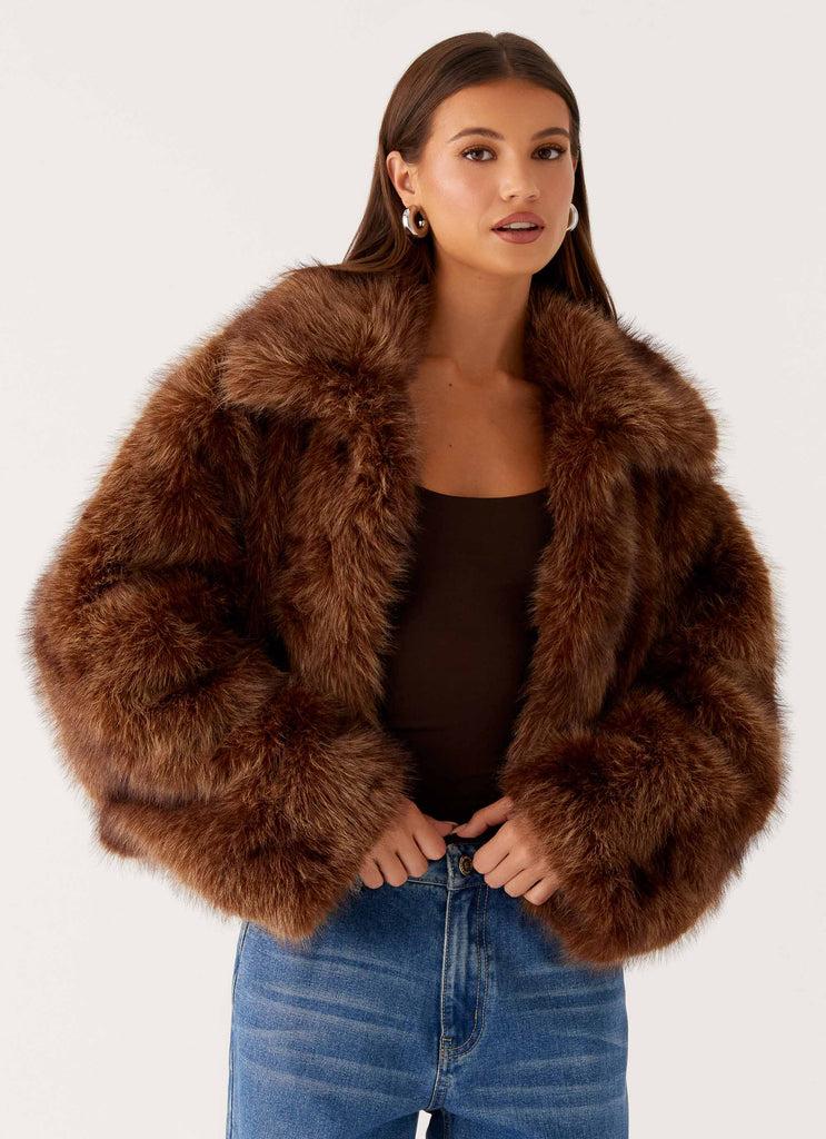 Peppermayo Peppermayo Exclusive - Miccy Cropped Faux Fur Coat - Chocolate