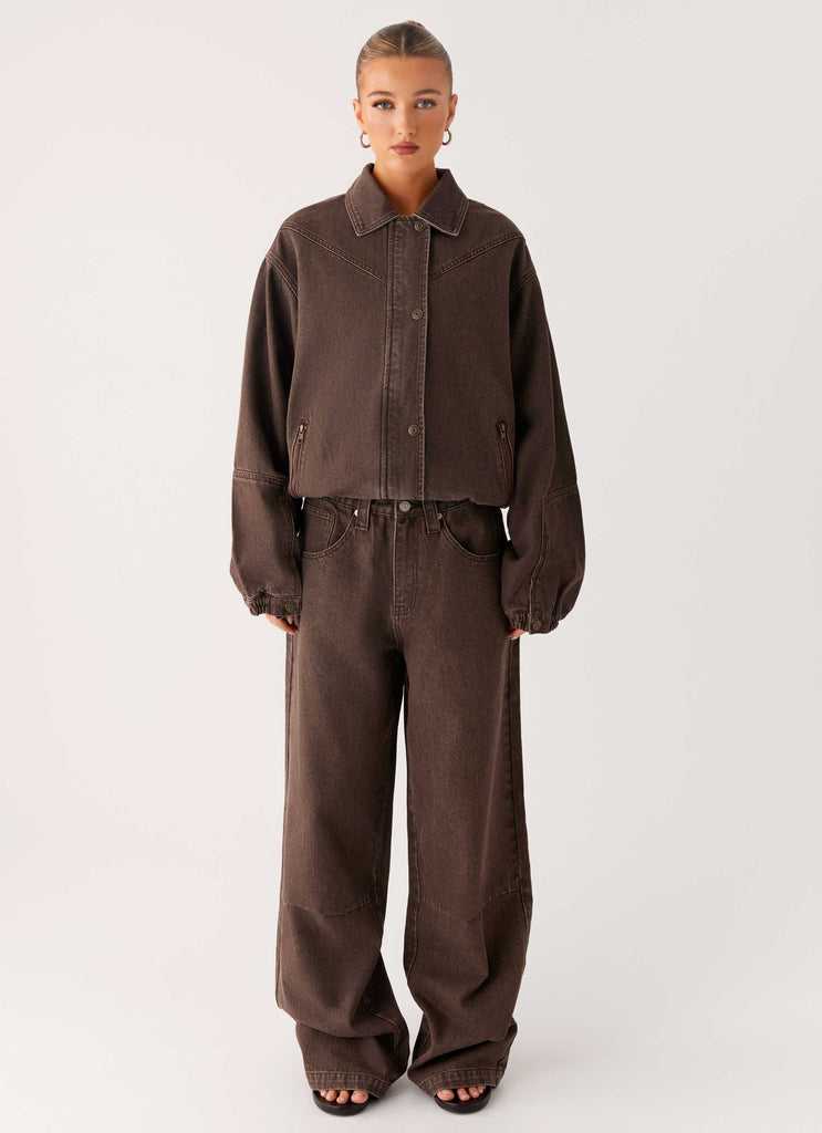 Peppermayo Peppermayo Exclusive - Midwest Washed Denim Bomber Jacket - Light Wash Chocolate
