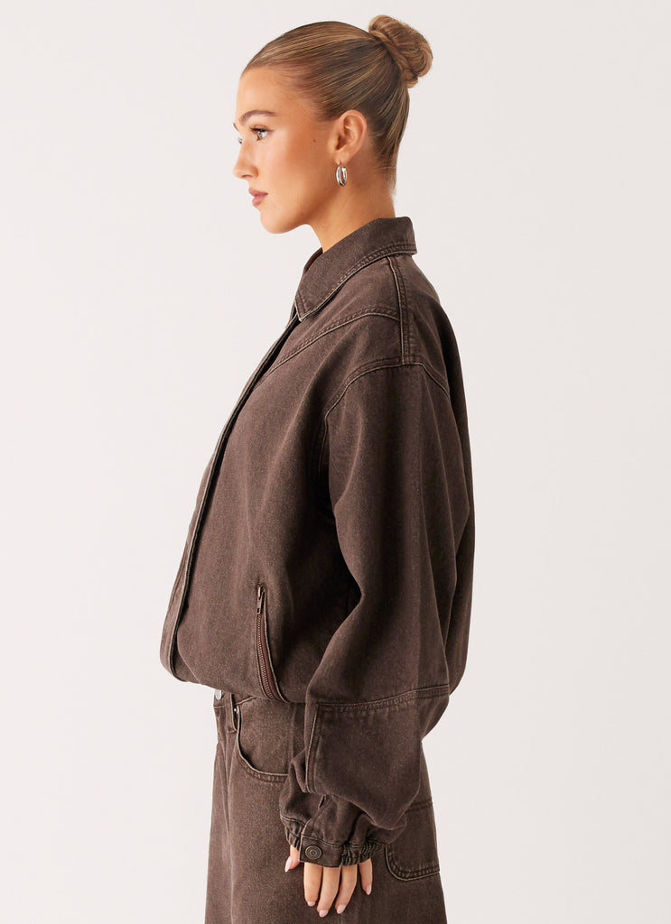Peppermayo Peppermayo Exclusive - Midwest Washed Denim Bomber Jacket - Light Wash Chocolate