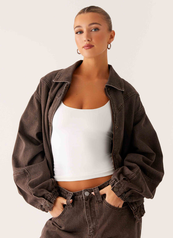 peppermayo Peppermayo Exclusive - Midwest Washed Denim Bomber Jacket - Light Wash Chocolate