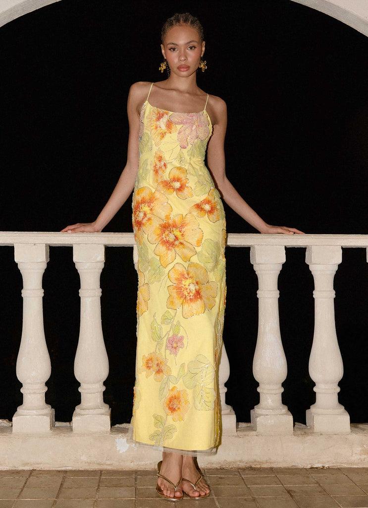 Peppermayo Peppermayo Exclusive - Morning Light Beaded Maxi Dress - Yellow Floral Beaded