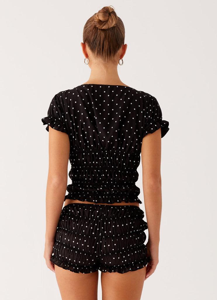 Peppermayo Peppermayo Exclusive - Natalia Ruched Top - Black Polka Dot