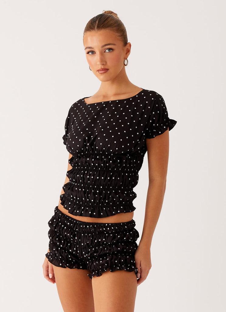 Peppermayo Peppermayo Exclusive - Natalia Ruched Top - Black Polka Dot