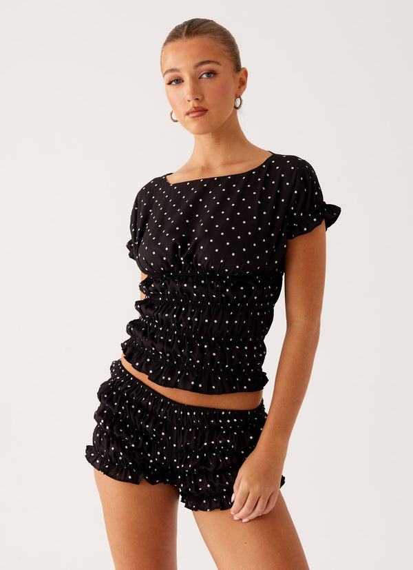 peppermayo Peppermayo Exclusive - Natalia Ruched Top - Black Polka Dot