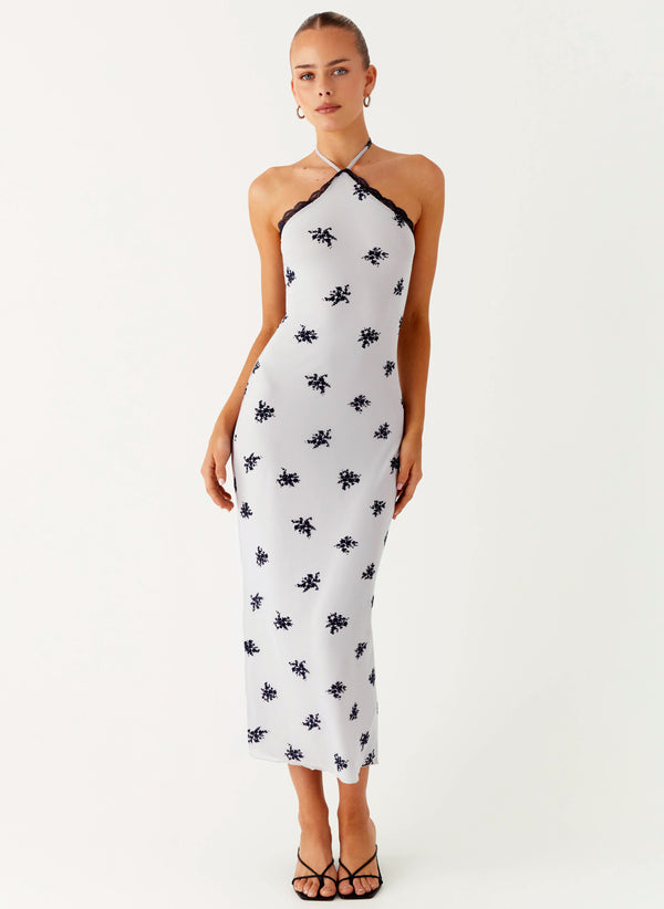 peppermayo Peppermayo Exclusive - Nestel Flock Halter Midi Dress - Lilac