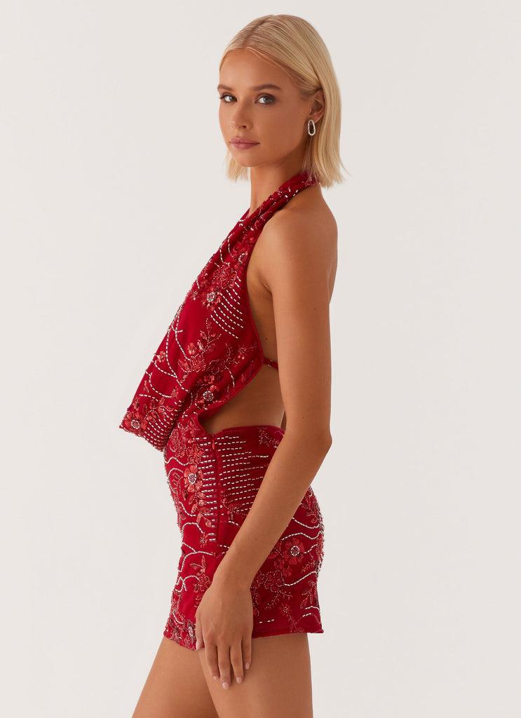 Peppermayo Peppermayo Exclusive - Olisa Cowl Neck Beaded Mini Dress - Red