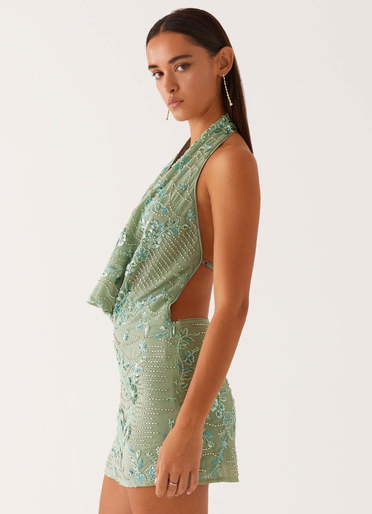 Peppermayo Peppermayo Exclusive - Olisa Cowl Neck Beaded Mini Dress - Mint