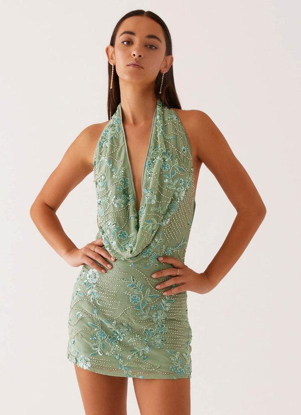 peppermayo Peppermayo Exclusive - Olisa Cowl Neck Beaded Mini Dress - Mint