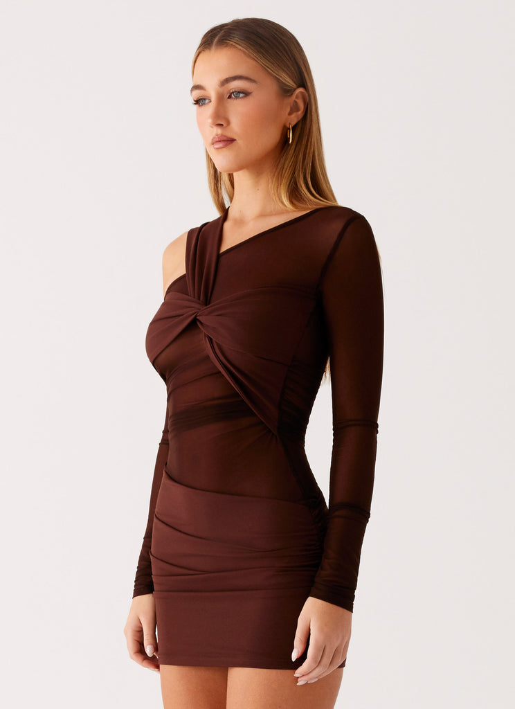 Peppermayo Peppermayo Exclusive - Ophelie Asymmetric Long Sleeve Mini Dress - Chocolate