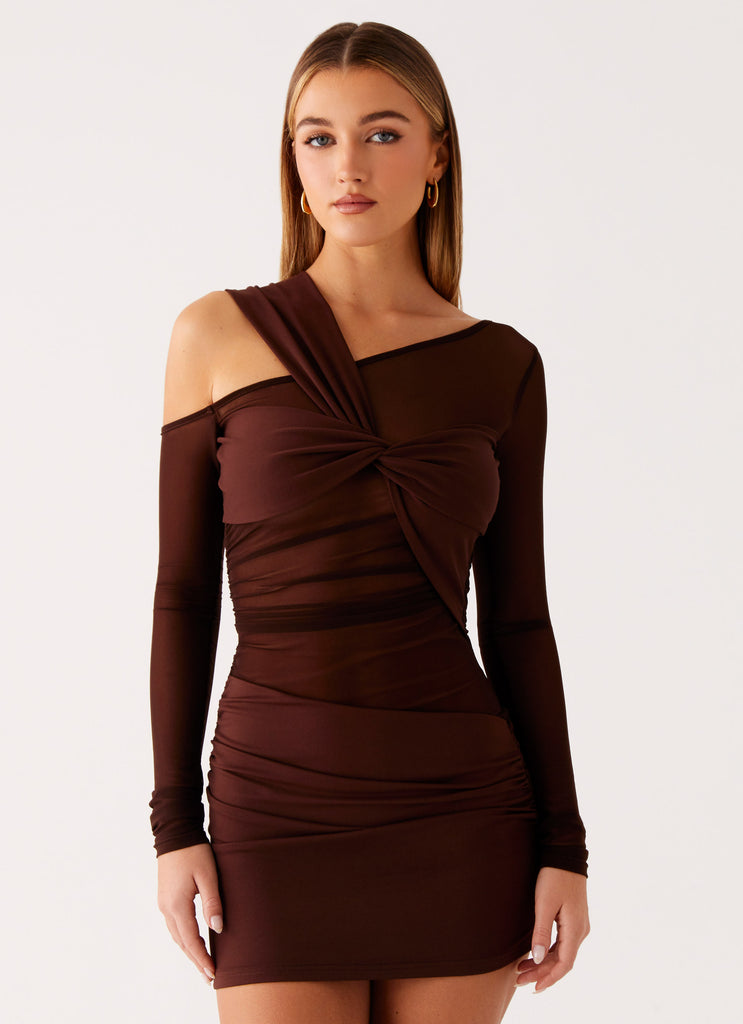Peppermayo Peppermayo Exclusive - Ophelie Asymmetric Long Sleeve Mini Dress - Chocolate