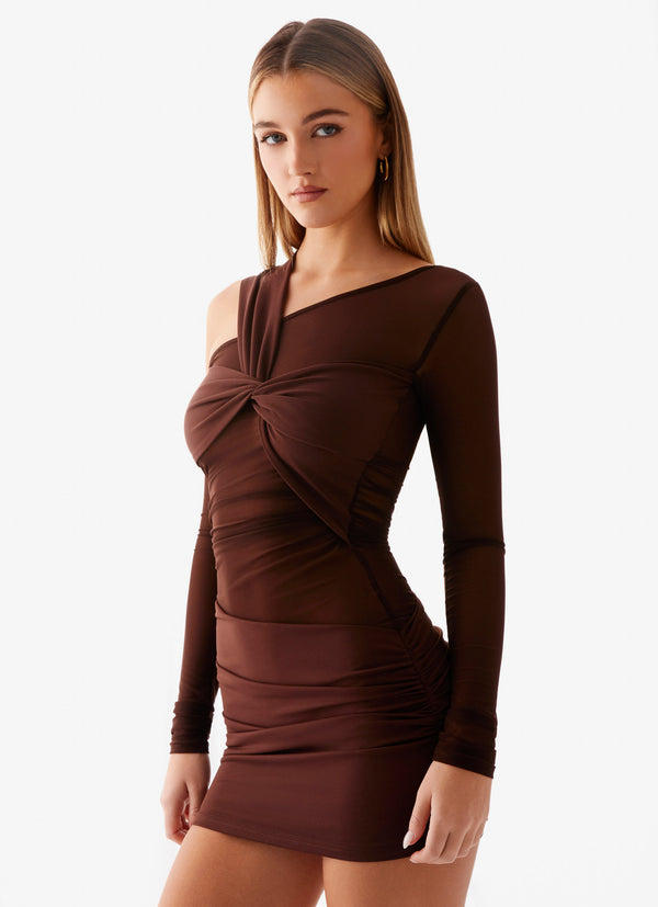 peppermayo Peppermayo Exclusive - Ophelie Asymmetric Long Sleeve Mini Dress - Chocolate