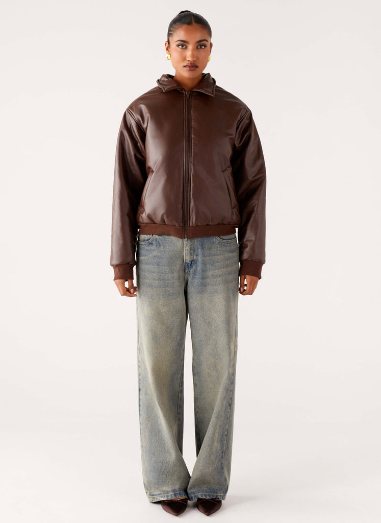 Peppermayo Peppermayo Exclusive - Outlands Faux Leather Bomber Jacket - Chocolate