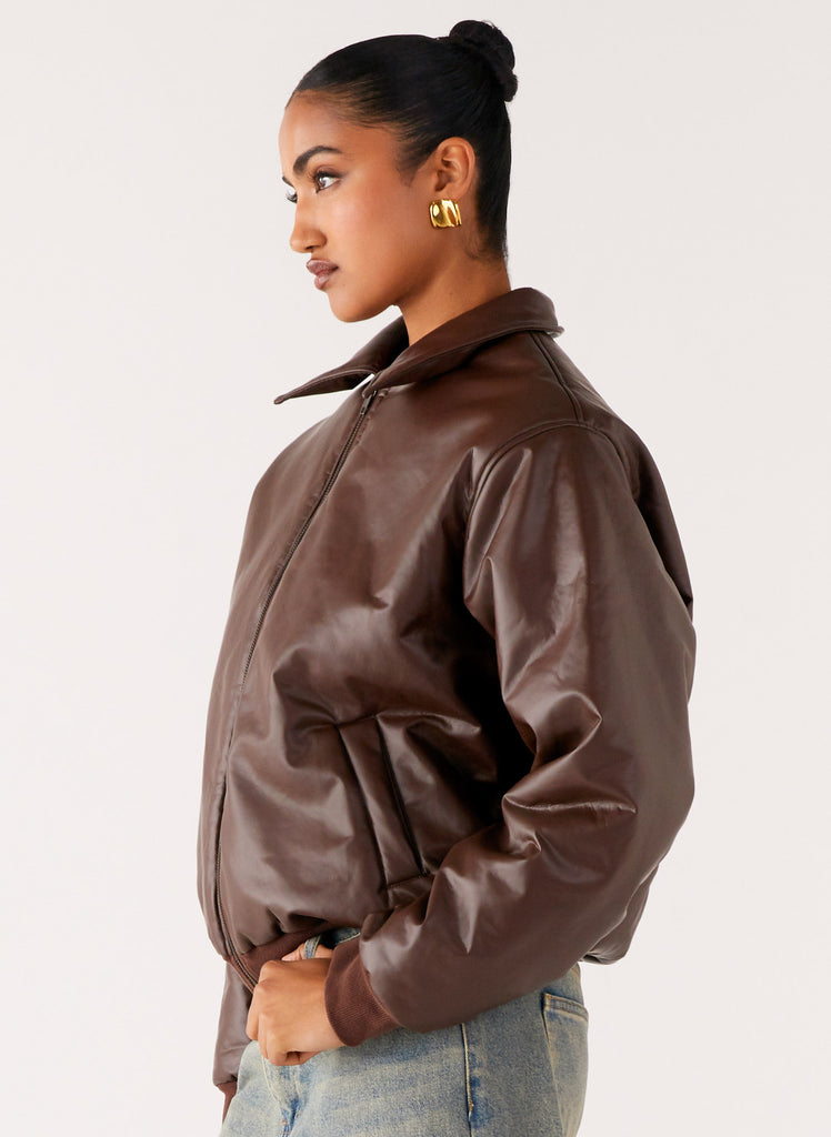 Peppermayo Peppermayo Exclusive - Outlands Faux Leather Bomber Jacket - Chocolate