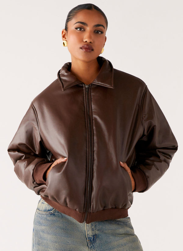 peppermayo Peppermayo Exclusive - Outlands Faux Leather Bomber Jacket - Chocolate