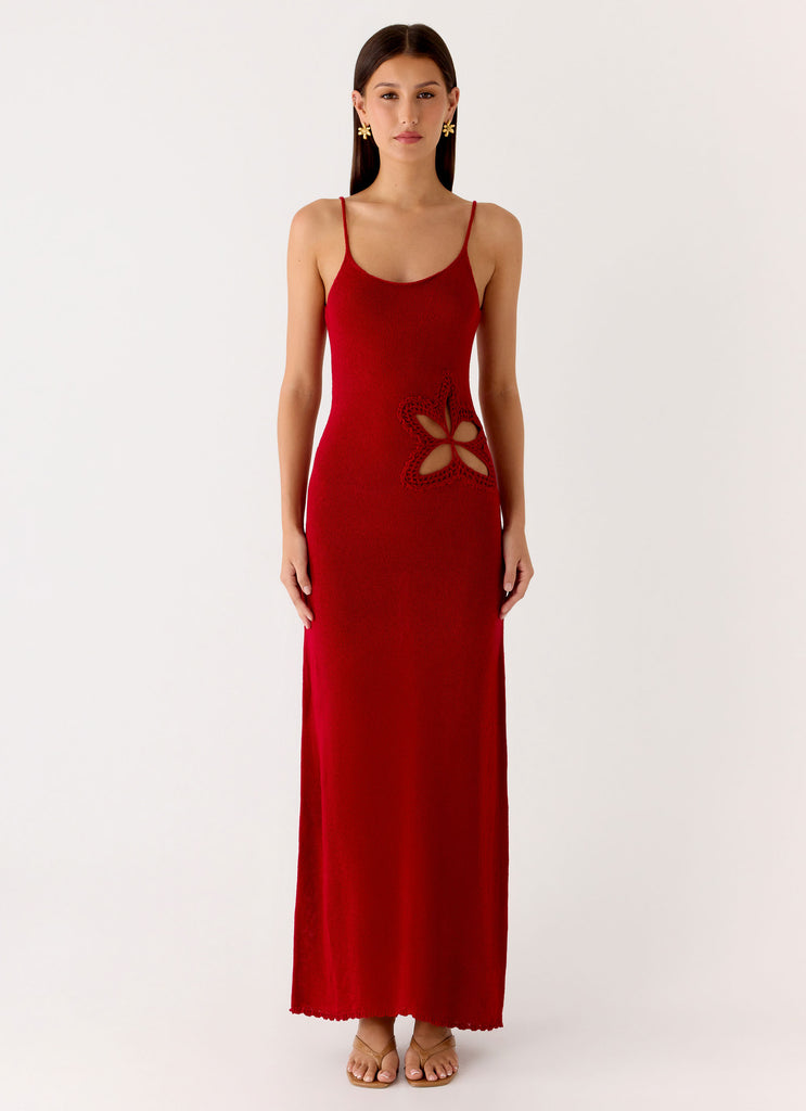 Peppermayo Peppermayo Exclusive - Palm Breeze Flower Crochet Maxi Dress - Burnt Red