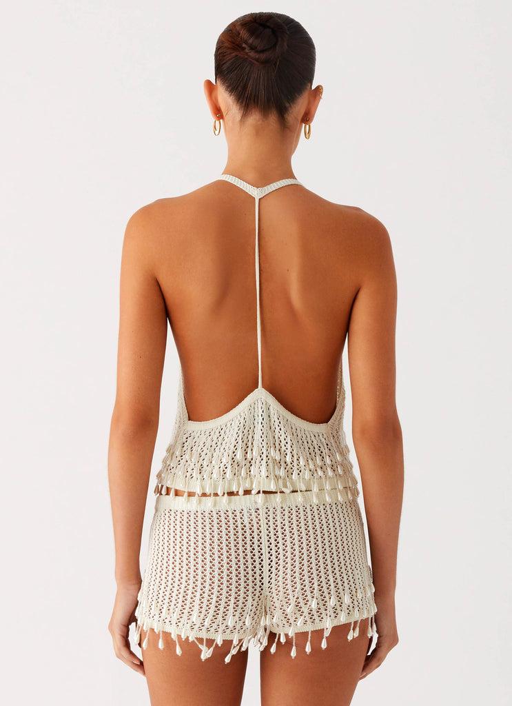 Peppermayo Peppermayo Exclusive - Pearl Shore Beaded Crochet Mini Shorts - Ivory