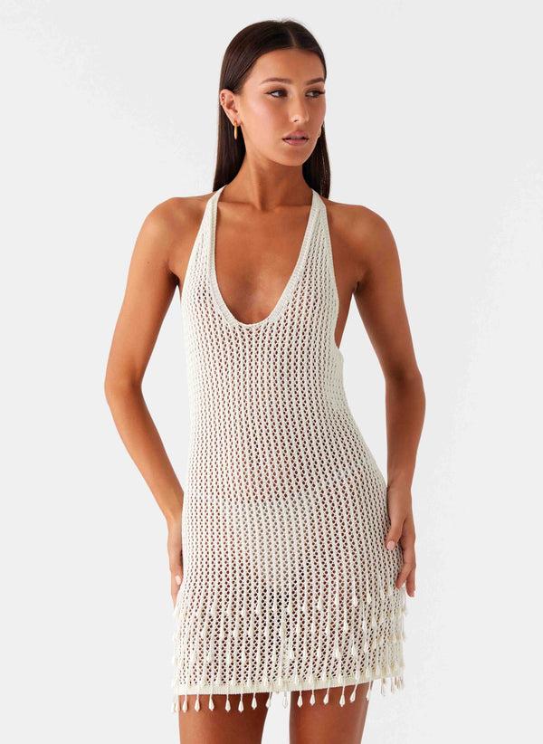 peppermayo Peppermayo Exclusive - Pearl Shore Beaded Crochet Mini Dress - Ivory