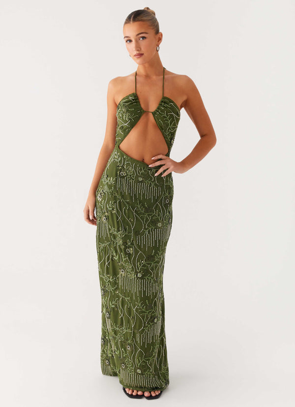 peppermayo Peppermayo Exclusive - Phoenicia Beaded Maxi Dress - Khaki
