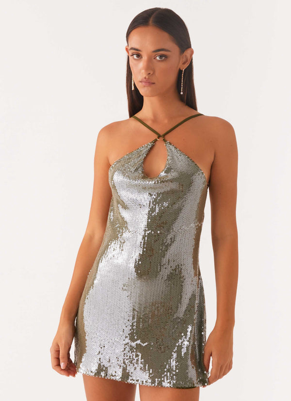 peppermayo Peppermayo Exclusive - Radiant Energy Cowl Back Mini Dress - Olive