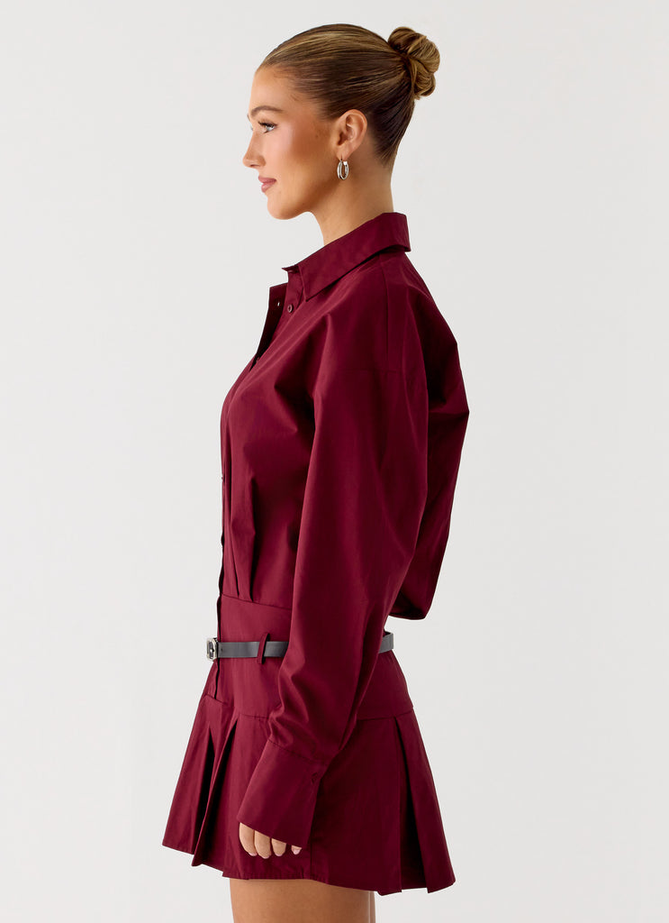 Peppermayo Peppermayo Exclusive - Rio Pleated Shirt Mini Dress - Maroon