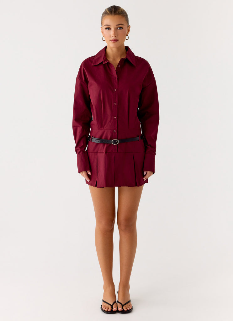 Peppermayo Peppermayo Exclusive - Rio Pleated Shirt Mini Dress - Maroon
