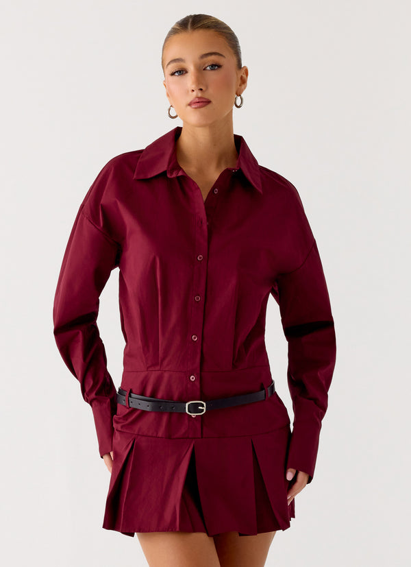 peppermayo Peppermayo Exclusive - Rio Pleated Shirt Mini Dress - Maroon