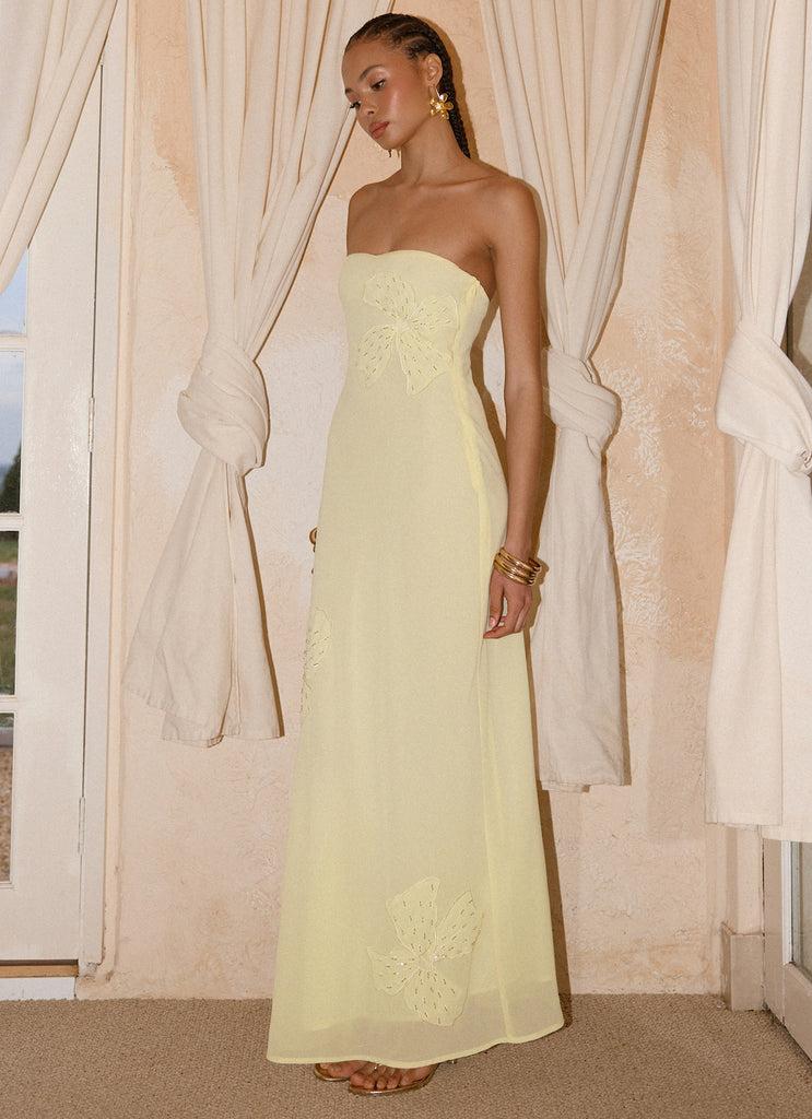Peppermayo Peppermayo Exclusive - Sassafras Beaded Flower Strapless Maxi Dress - Yellow