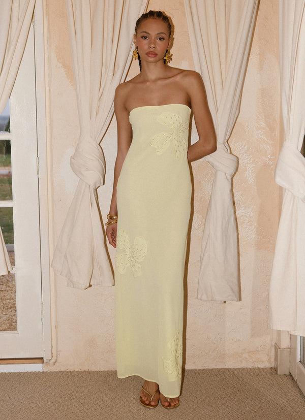 peppermayo Peppermayo Exclusive - Sassafras Beaded Flower Strapless Maxi Dress - Yellow