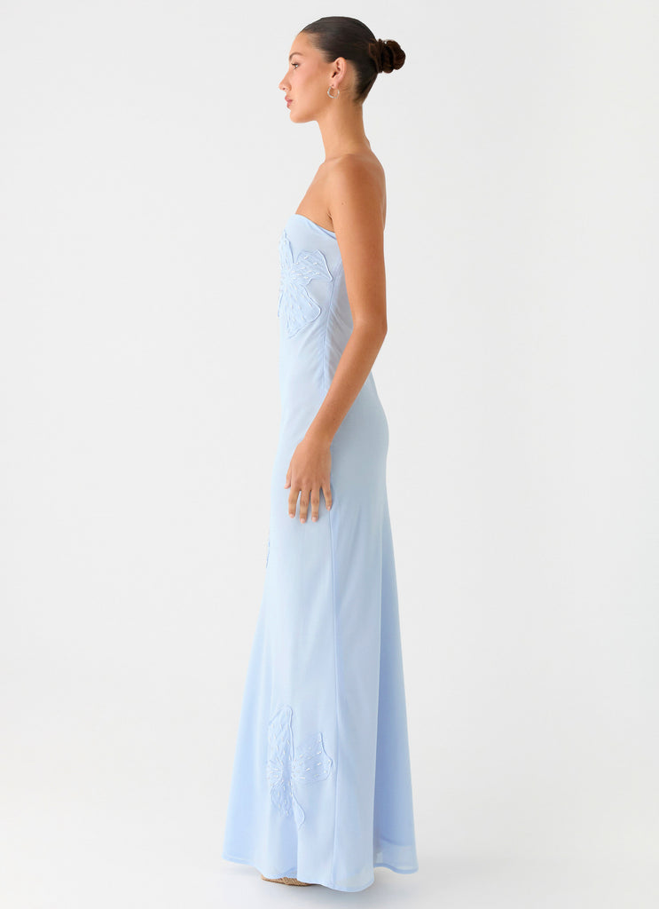 Peppermayo Peppermayo Exclusive - Sassafras Beaded Flower Strapless Maxi Dress - Blue