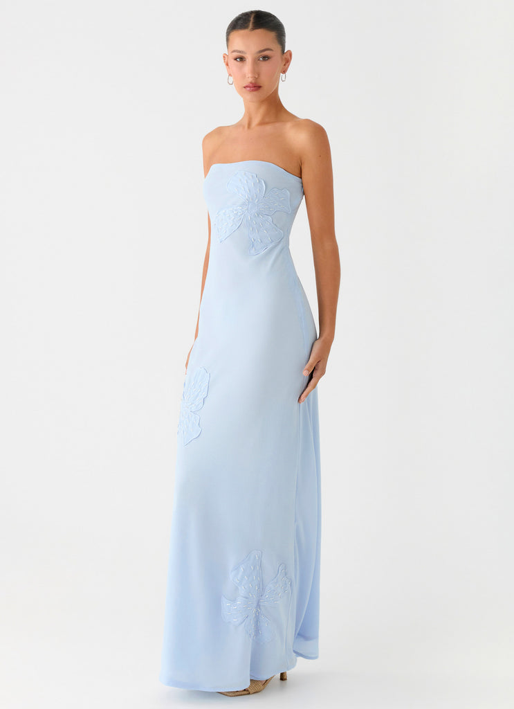 Peppermayo Peppermayo Exclusive - Sassafras Beaded Flower Strapless Maxi Dress - Blue